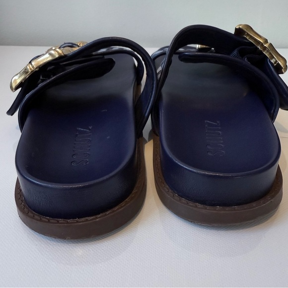 SCHUTZ Enola Sporty Blue Leather Bamboo Gold Buckle Sandal Slide 8.5 - Picture 8 of 11